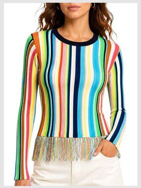 Milly Rainbow Stripe Ribbed Knit Fringe Hem Sweater P / XS